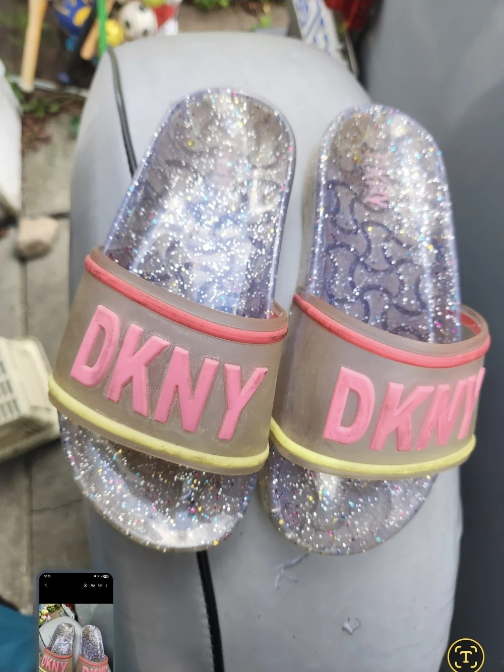 DKNY Glitter Slide Sandals with Pink Logo Strap and Yellow Trim